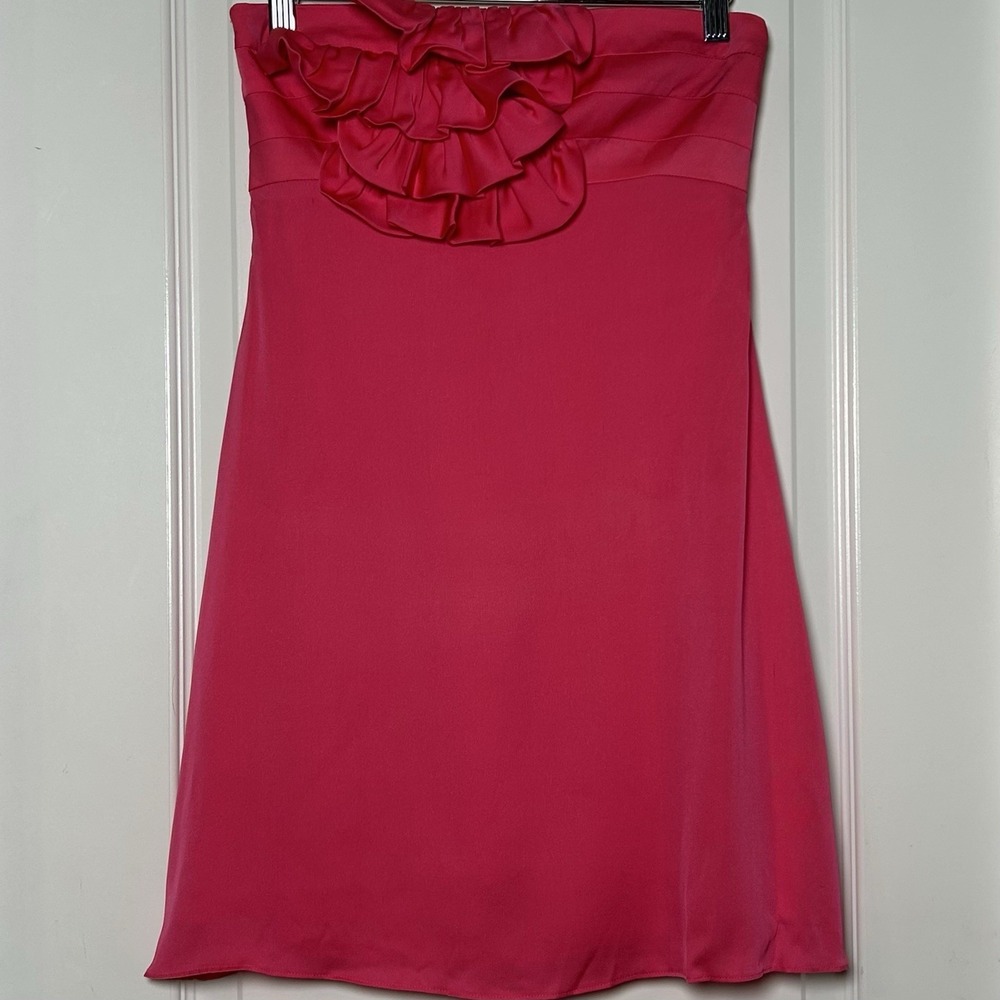 Alice + Olivia Silk Hot Pink Ruffle Chest Accent Strapless Cocktail Mini Dress